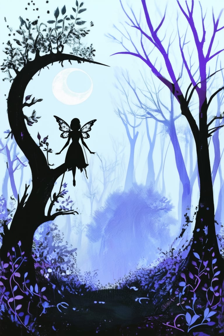 A whimsical illustration in ink, depicting a mystical forest at dusk. A lone fairy perches on a gnarled tree branch, her delicate wings outstretched as she gazes up at the crescent moon. The surrounding foliage is rendered in intricate lines and shading, with subtle hints of blue and purple to evoke an ethereal atmosphere.