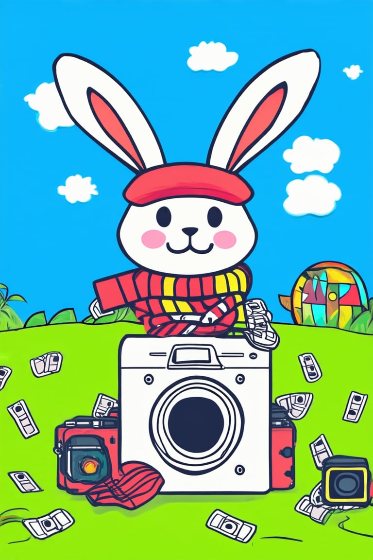 A vibrant, flat 2D illustration of a whimsical world set against a bright blue sky with puffy white clouds. In the foreground, a smiling cartoon rabbit in a red hat and matching scarf holds a vintage-style camera, surrounded by scattered film strips and camera equipment amidst a lush green meadow.