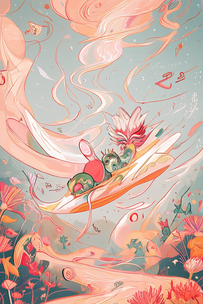 A whimsical illustration of a fantastical realm within a mystical flat art style, with dreamy creatures and ethereal landscapes unfolding across the 2D plane. Soft focus and delicate brushstrokes evoke a sense of wonder, as wispy tendrils of magic swirl around ancient artifacts, mystical flowers, and glowing runes.