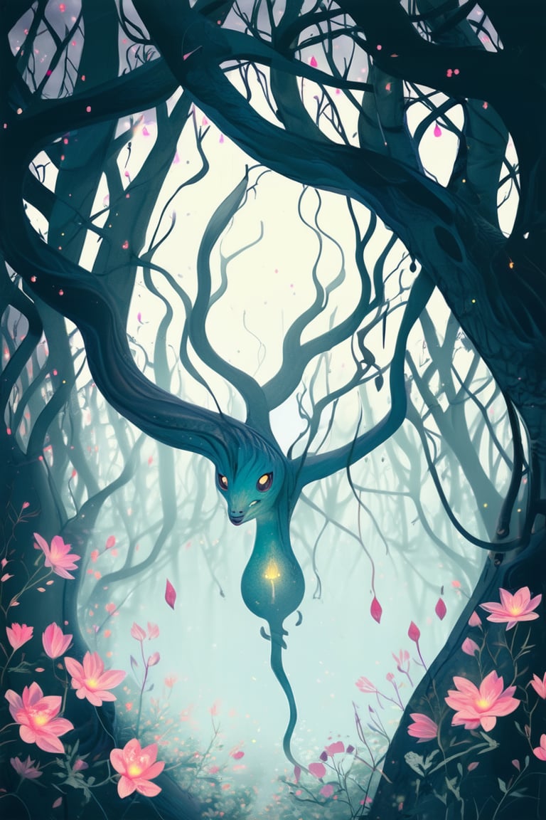 Vivid dreamscapes unfold in an intricate anime scene: delicate petals unfurl on a mystical tree as its branches twist into ethereal curls. A whimsical creature with iridescent scales and gossamer wings perches among the blossoms, eyes aglow like lanterns in the soft focus of moonlit mist.