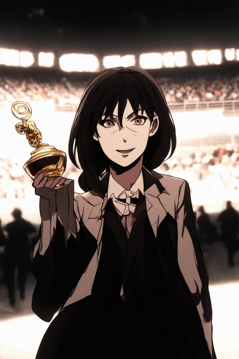 A close-up shot of Flat's determined face, her expression a mix of confidence and humility as she holds up the Honor Chara trophy. Soft, golden lighting illuminates her features, with a subtle focus on the trophy to emphasize its importance. The background is a blurred representation of a stadium or arena, adding depth to the scene without distracting from Flat's triumphant moment.