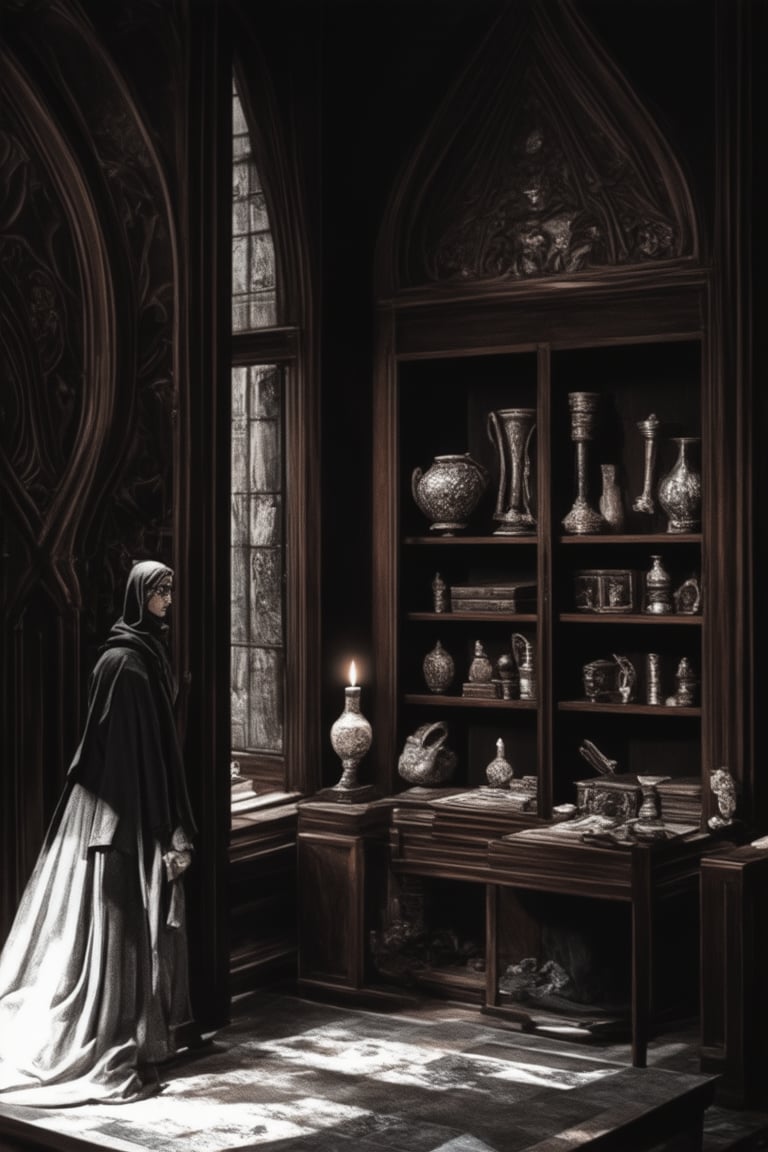 A dimly lit, ornate chamber within a mystical traditional museum, where ancient artifacts and relics glow softly under candlelight. Dusty tomes and mysterious scrolls line the shelves, while intricately carved wooden cabinets display rare, gemstone-encrusted vases. A bespectacled curator, cloaked in shadows, stands amidst this treasure trove of forgotten knowledge, surrounded by whispering whispers of ancient civilizations.