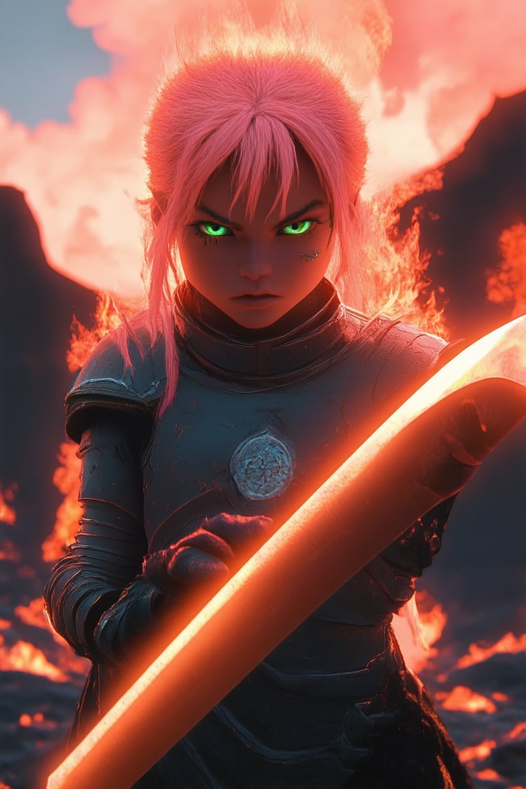 A close-up shot of a fiery pink-haired warrior's determined face, illuminated by a warm orange glow from the setting sun behind her. Her piercing green eyes blaze with intensity as she charges forward, sword in hand, amidst a backdrop of smoldering volcanic rocks and wispy pink smoke.