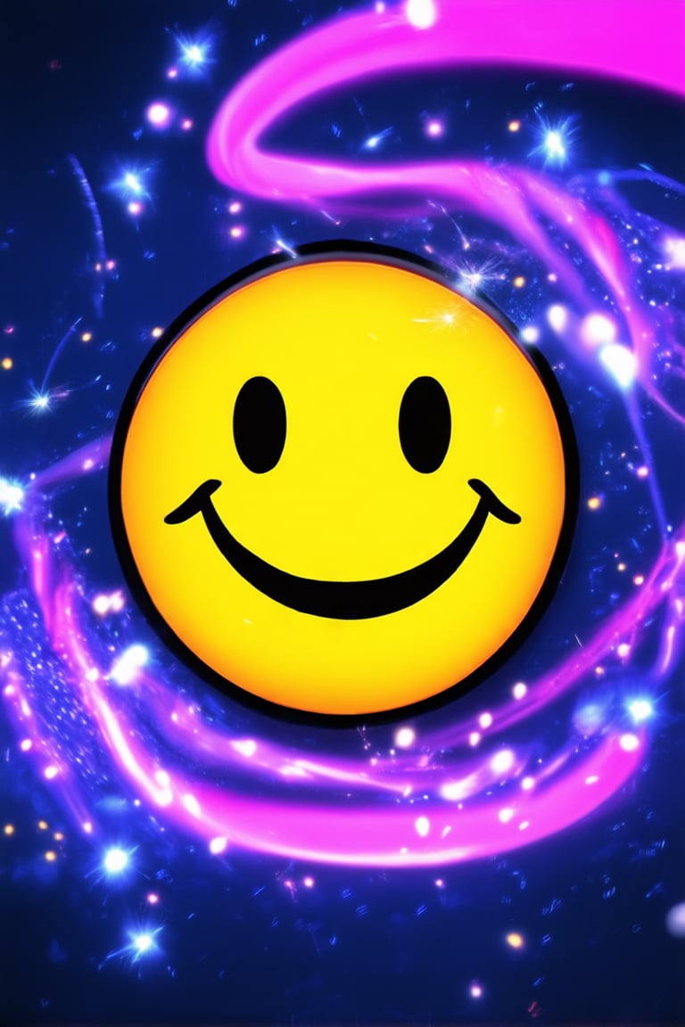 A close-up shot of a bright yellow smiley face emoji 💛, surrounded by swirling purple and pink lights, with bold black outlines, set against a deep blue background. The smile is wide and inviting, with tiny sparks flying out from the eyes like tiny fireflies on a summer night. 🌟