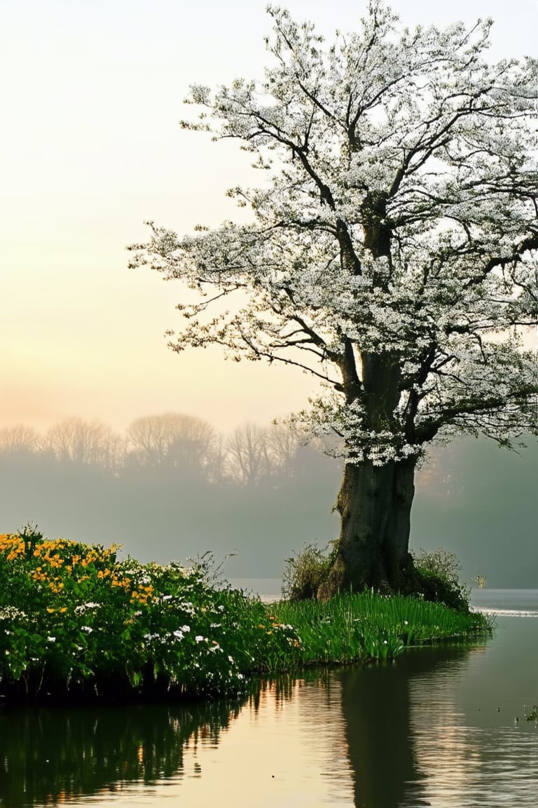 A serene Mandana Koka lakefront scene: A warm golden light falls softly on the calm water's surface, reflecting the lush greenery surrounding the tranquil atmosphere. A majestic tree stands tall in the background, its branches stretching towards the sky like nature's own cathedral. The misty morning air is filled with the sweet scent of blooming flowers.