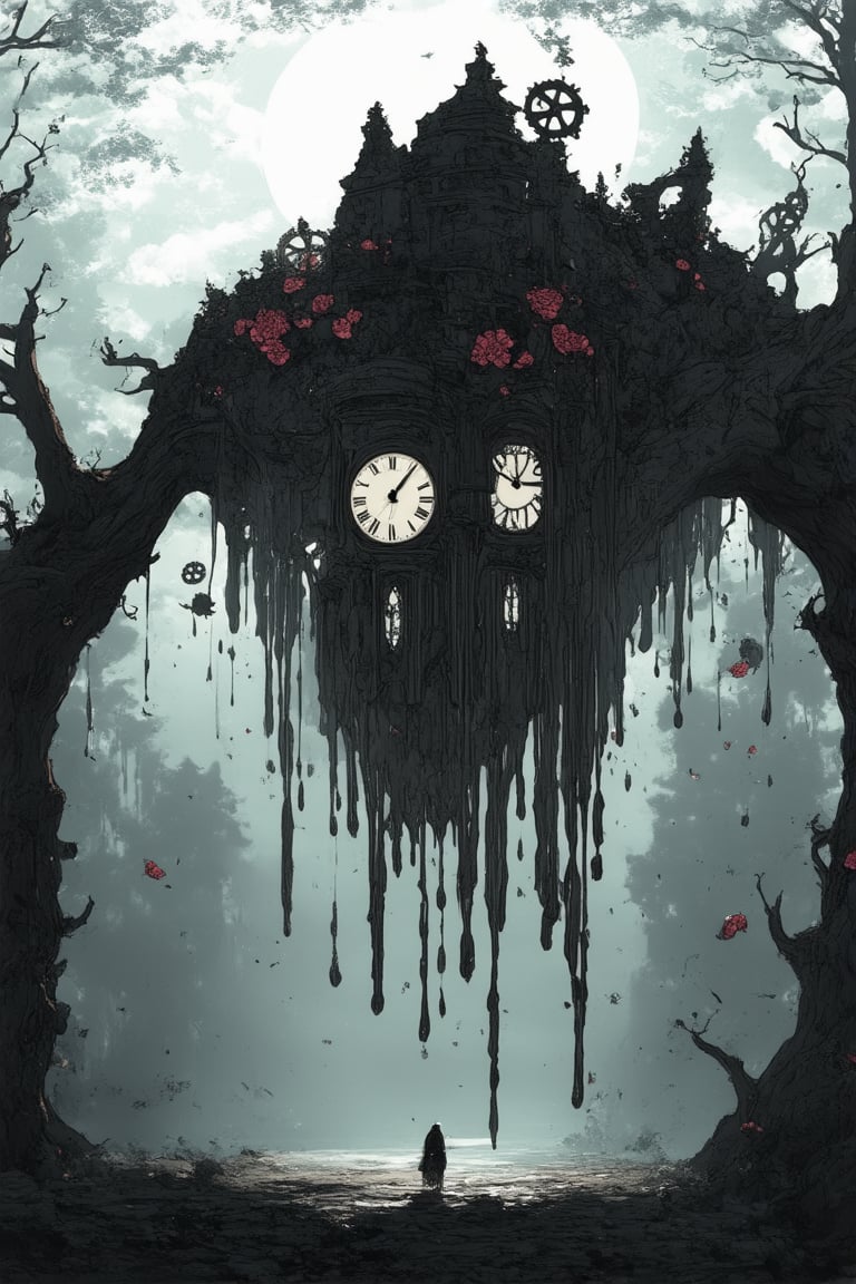 A dreamlike scene unfolds as a melting clock drips with slow-mo fluidity onto a surreal landscape of twisted trees and floating flowers. The clock's gears still turn in mid-air, amidst the eerie glow of a setting sun, casting long shadows on a floor of soft, fluffy clouds. A lone figure, shrouded in mist, gazes up at the scene with an air of detached curiosity.