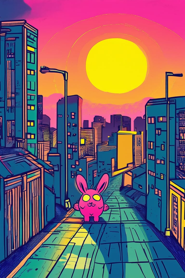 Vibrant digital illustration of a whimsical cityscape at sunset. Buildings and streets stretch out flatly in a 2D plane, with bold lines and bright colors. A fiery orange sun sinks low on the horizon, casting long shadows across the scene. In the foreground, a curious cartoon rabbit peers out from behind a streetlamp, its bright pink nose twitching curiously.