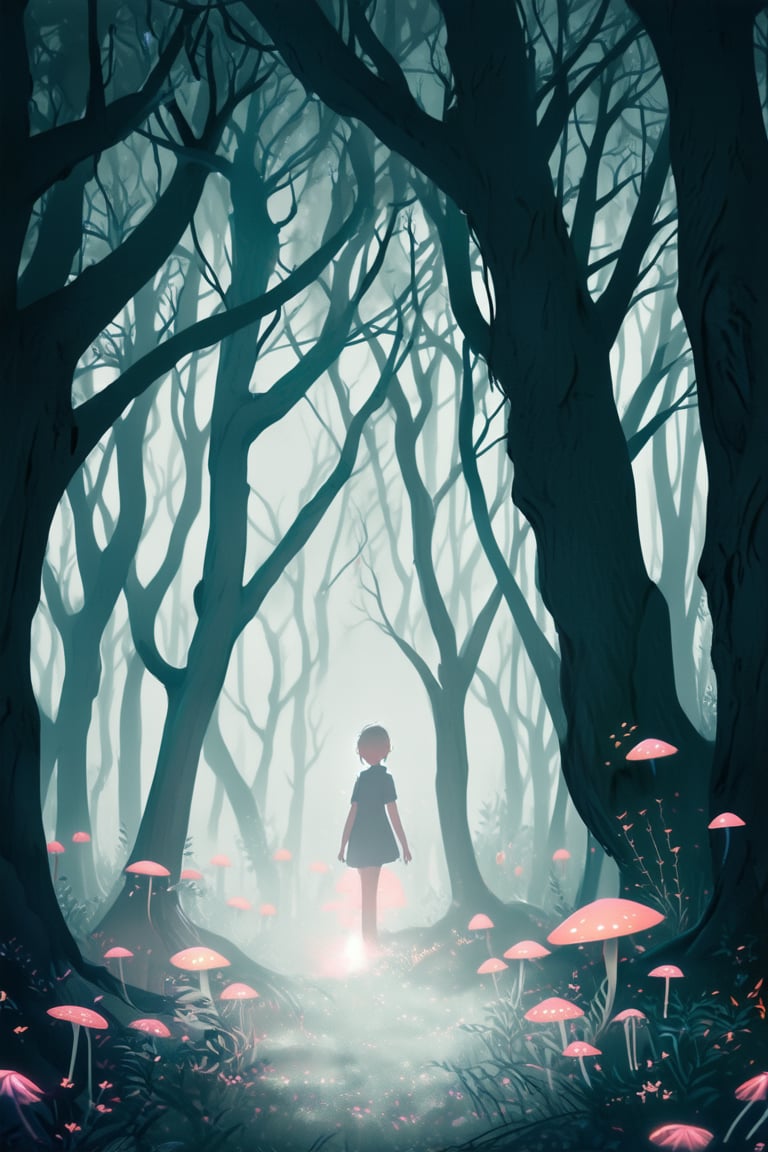 A dreamlike anime scene: a delicate, lace-like forest with glowing, iridescent mushrooms and twisted, gnarled tree branches. In the center, a protagonist with vibrant, flowing hair stands amidst a swirl of ethereal, swirling mist. The camera frames them from above, with a soft, diffused light casting a mystical glow.