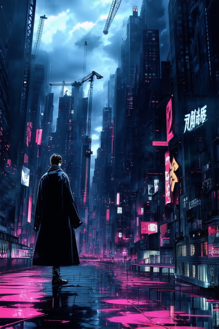 A futuristic cityscape at dusk, neon lights reflecting off wet pavement as a lone figure in a leather trench coat and shades stands atop a skyscraper's rooftop, gazing out upon the hazy metropolis. Flickering holographic advertisements dance across the darkened sky, while abandoned construction cranes pierce the clouds like skeletal fingers.