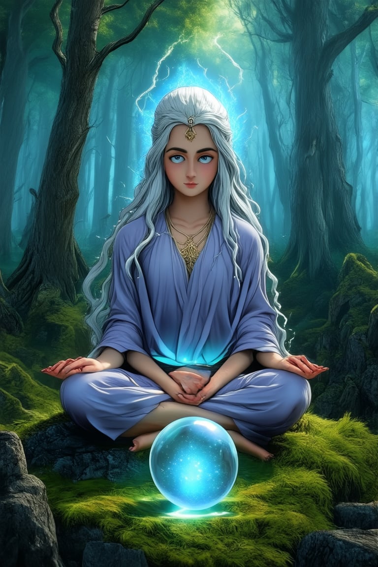 A mystical mama sits cross-legged on a moss-covered stone in a misty forest clearing, surrounded by towering trees that seem to lean in with ancient wisdom. Her eyes gleam like moonlit pools as she cradles a glowing crystal ball, her long hair flowing like silver vines down her back.