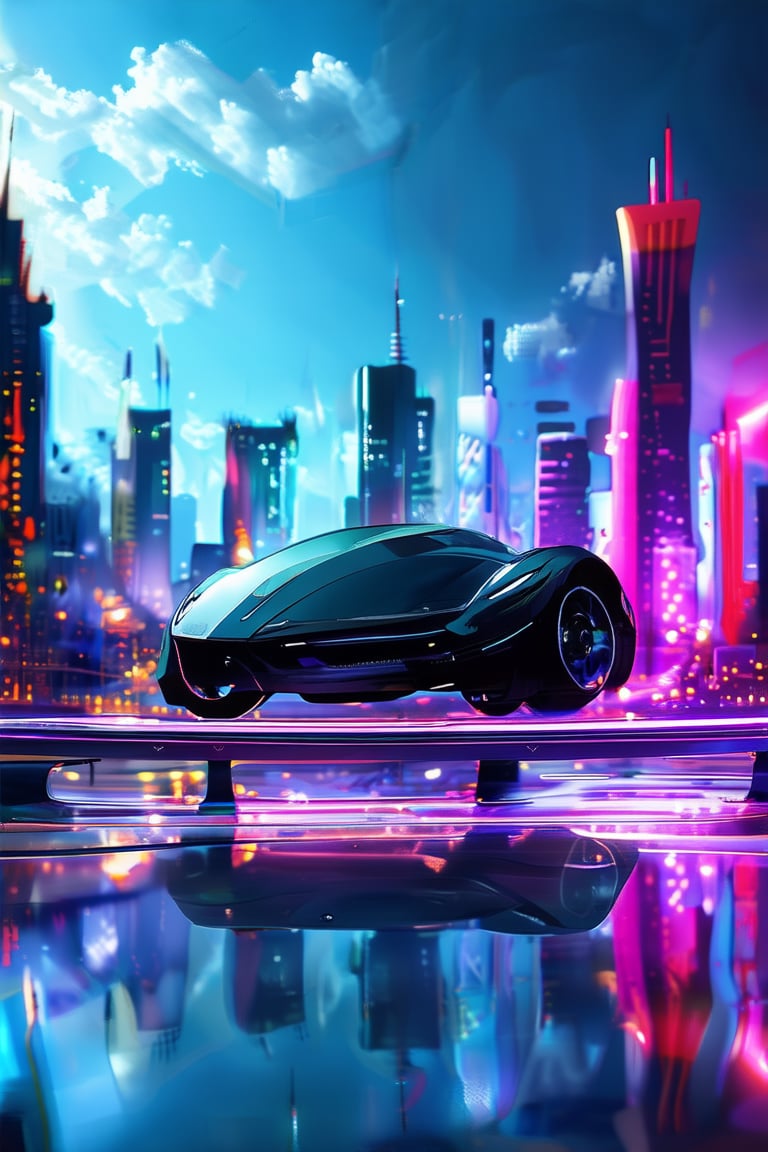 A futuristic cityscape with neon lights reflecting off a sleek black hovercar's polished surface, parked on a chrome-plated platform amidst a kaleidoscope of swirling colors and abstract shapes. The vehicle's angular design is set against a deep blue-purple sky with wispy clouds.