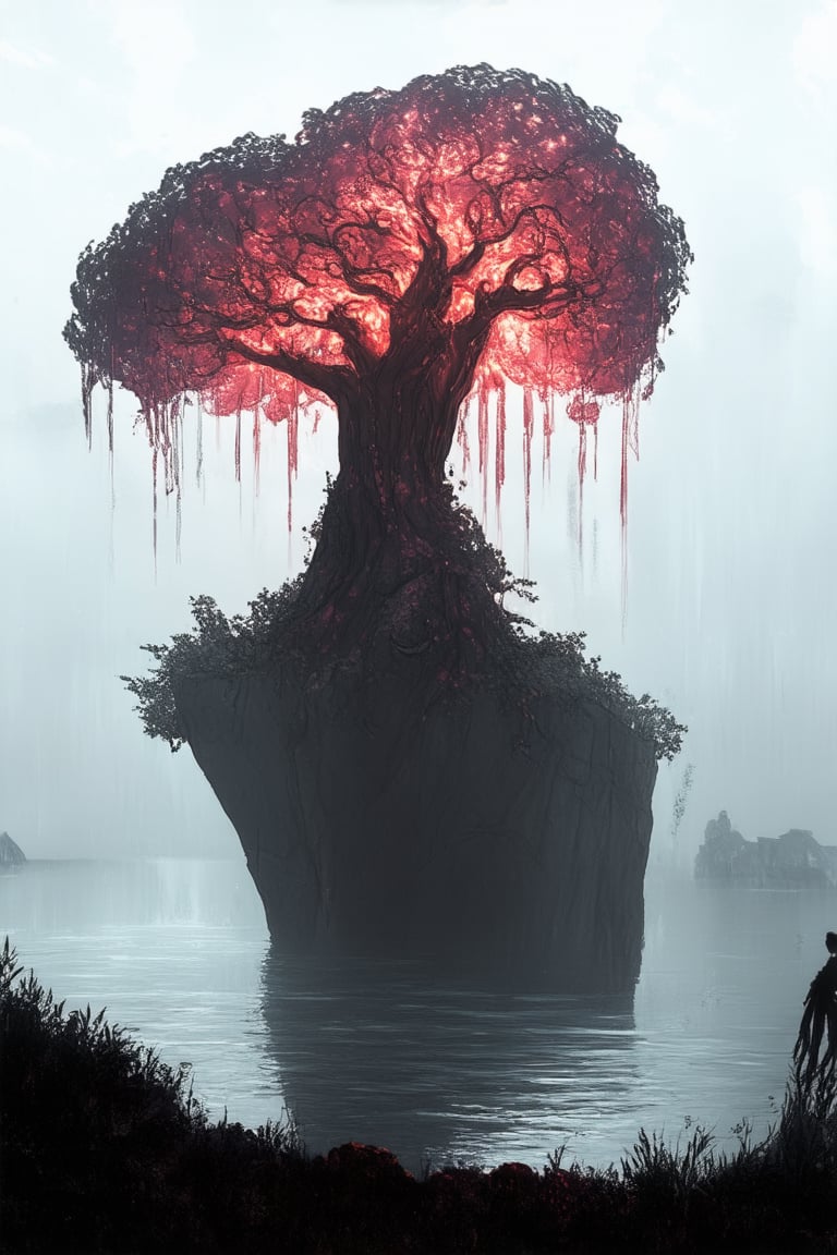 A dreamlike scenario unfolds: A majestic, glowing tree rises from a misty, crimson-hued lake, its branches morphing into wispy, ethereal tentacles. The air is heavy with swirling, iridescent fog, as a lone, silhouette figure stands at the water's edge, gazing upwards in wonder.