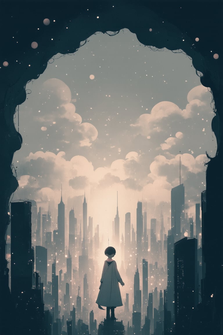 A dreamlike anime scene unfolds: a delicate, lace-like cityscape hangs suspended in mid-air, surrounded by a swirling vortex of soft pink clouds. A lone figure, dressed in a flowing white robe, stands at the edge, gazing up at the floating metropolis with an expression of wistful longing. The air is filled with tiny, glowing orbs that dance around the scene, casting a warm, ethereal glow.