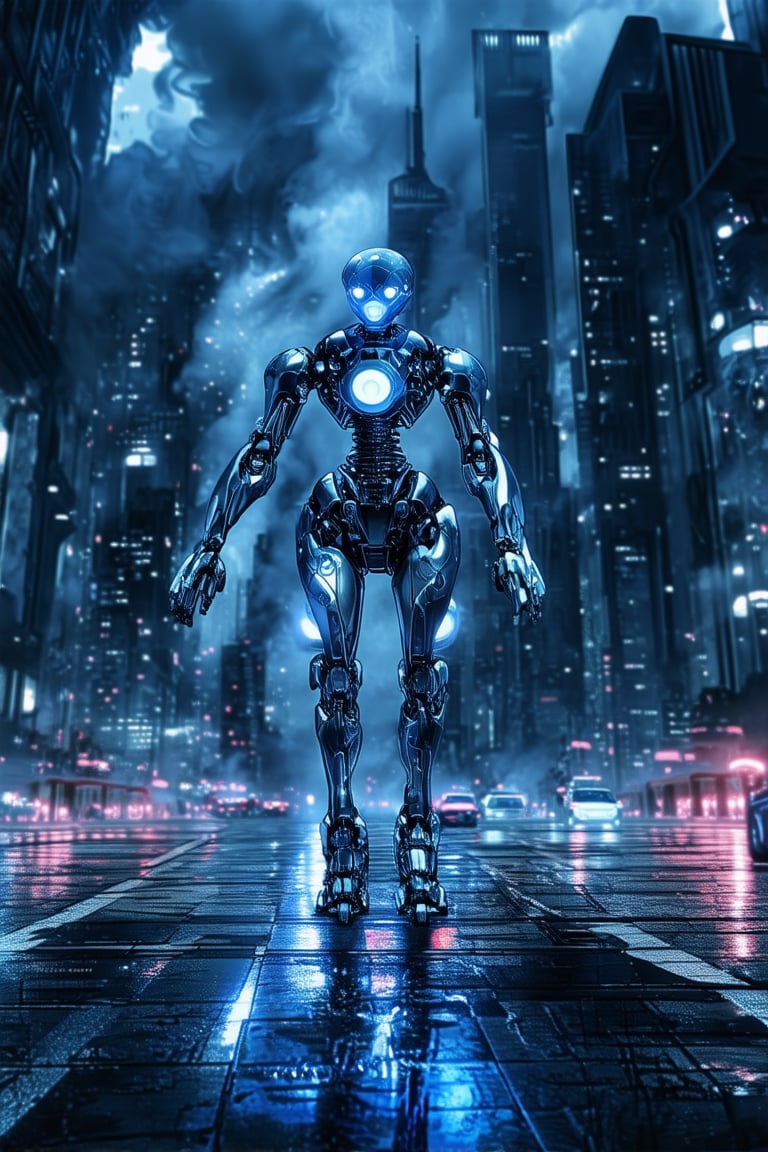 A futuristic cityscape at dusk, neon lights reflecting off wet pavement as a humanoid robot with glowing blue circuits and metallic limbs stands defiantly amidst a haze of steam and smoke, city towers piercing the smog-filled sky, distant hum of hovercars and sirens providing an ominous soundtrack.