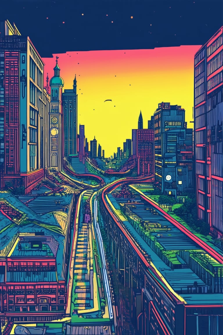 A whimsical illustration of a fantastical cityscape at dusk, with towering buildings and winding roads rendered in flat, 2D shapes. Soft, gradient lighting casts a warm glow on the scene, while bold lines define the structures and textures. The composition is centered around a majestic clock tower, its intricate details and bright colors standing out against the muted backdrop.