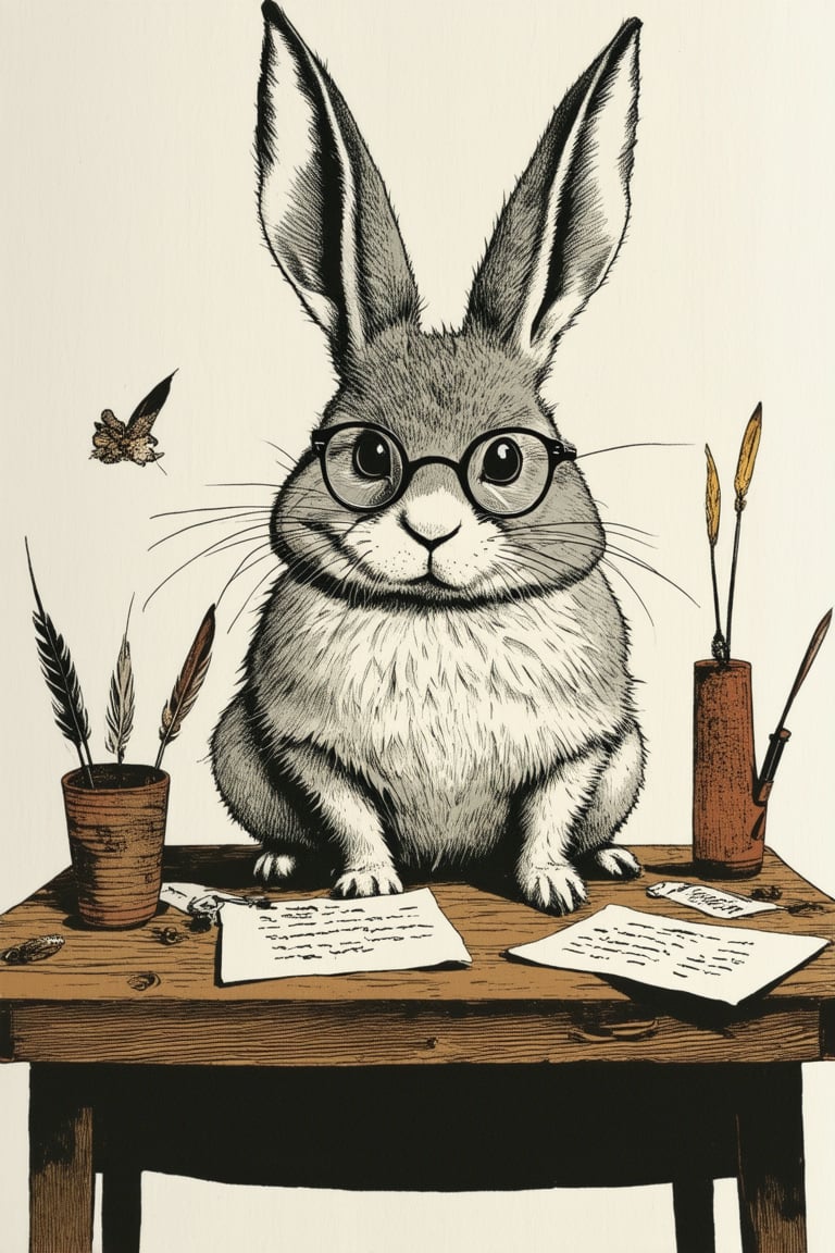 A whimsical ink illustration of a curious, bespectacled rabbit sitting at a wooden desk, surrounded by scattered papers, quills, and peculiar contraptions. The rabbit's paws hold a delicate pen, poised to create intricate designs on the parchment before it. A warm, golden light illuminates the scene from above, casting a cozy glow on the rustic wood and soft fabrics.