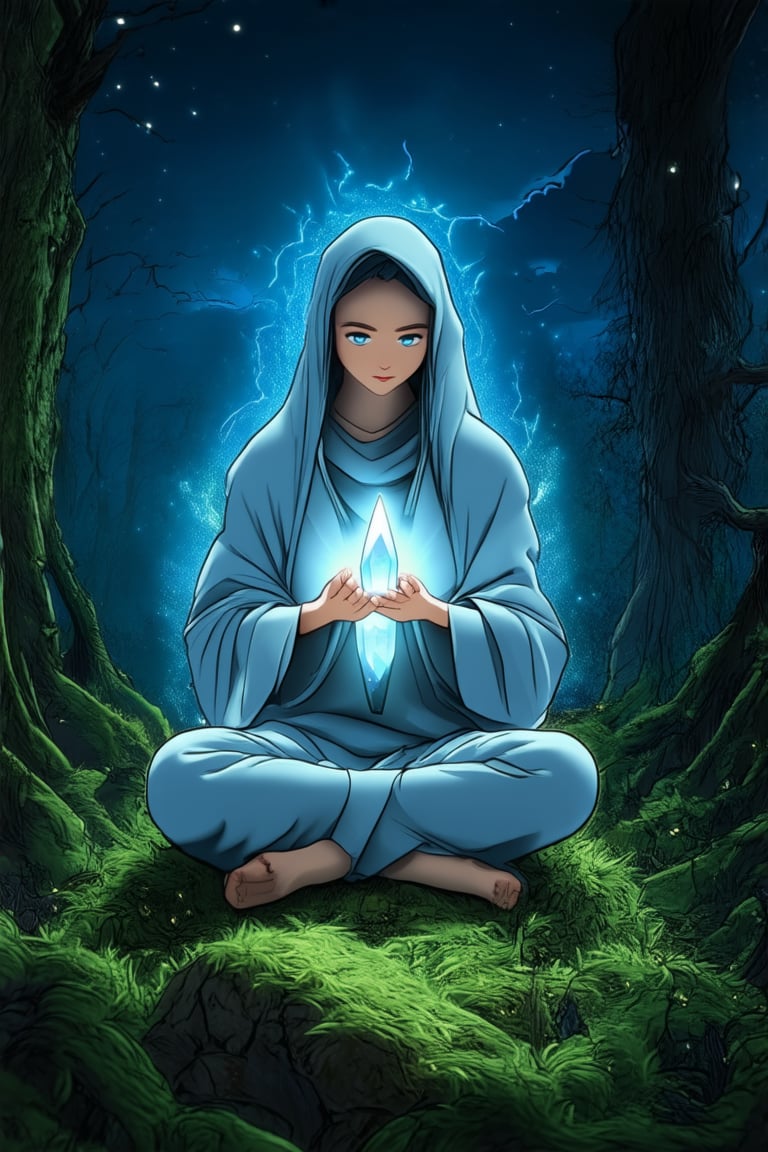 A mystical mama sits cross-legged on a moss-covered stone in a moonlit forest glade, surrounded by towering trees and vines. Her eyes gleam with an otherworldly wisdom as she cradles a glowing crystal in her hands. A wispy cloak billows behind her like a dark cloud, while the misty atmosphere casts an ethereal glow on her serene features.