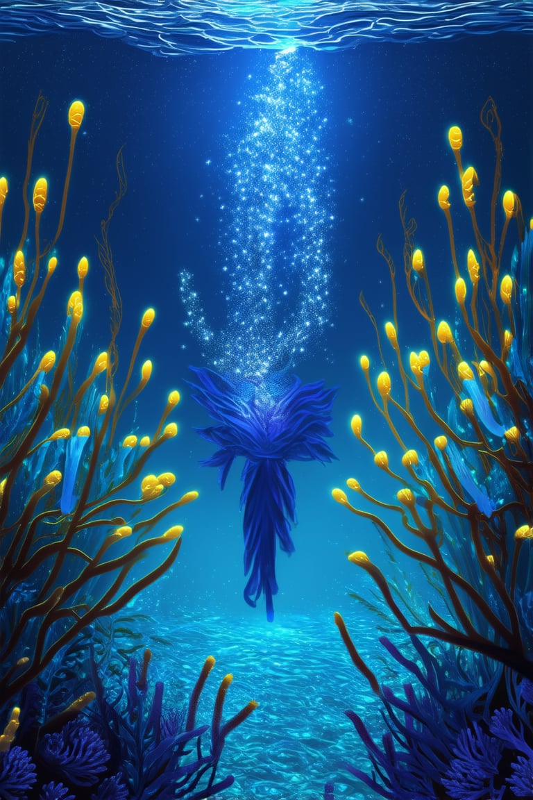 A serene underwater scene: a gentle current carries an ethereal figure, clad in shimmering blue attire, drifting effortlessly amidst a kaleidoscope of bioluminescent marine life. Soft, golden lighting illuminates the subject's features, while the surrounding water glows with an iridescent sheen, as if the very essence of the Deep Blue has been distilled into this mystical tableau.