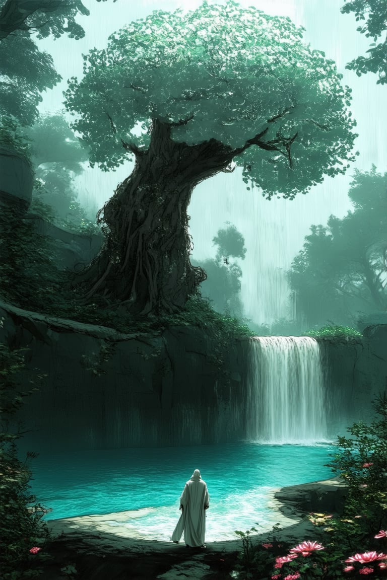 A dreamlike scene: A majestic tree with twisted branches rises from a pool of shimmering water, surrounded by lush greenery and vibrant flowers. The air is thick with misty fog, illuminated by an otherworldly glow. In the foreground, a curious figure in a flowing white robe stands at the edge of the pool, reaching out to touch the ethereal tree's trunk.