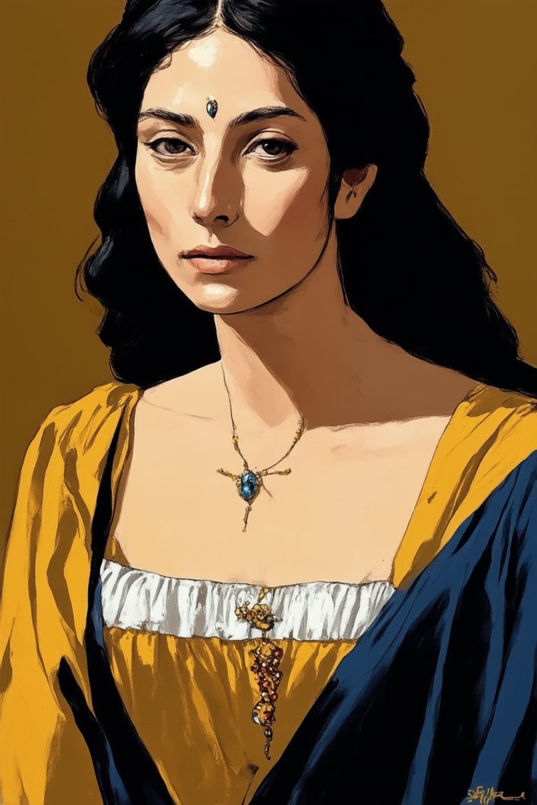 A serene portrait of Mandana Koka, a 17th-century Georgian queen, sits majestically against a warm, golden background. Soft, diffused light illuminates her features, accentuating the gentle curves of her face and the piercing intensity of her gaze. Her raven-black hair cascades down her back like a waterfall of night, framing her regal presence.