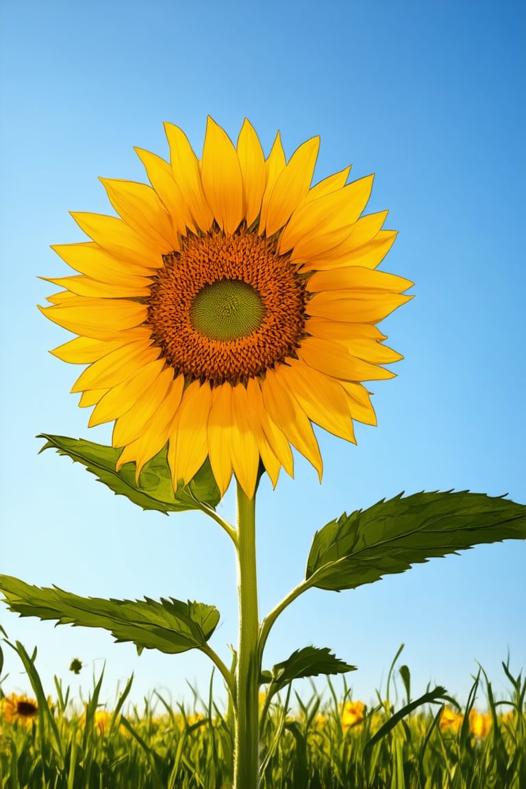 A bright and cheerful prompt! Here's a high-quality, coherent, and stable diffusion prompt based on your input:

A vibrant yellow sunflower stands tall in a field of lush green grass, its petals radiating warmth and energy. The camera captures the subject from a slightly overhead angle, emphasizing the flower's stature and the surrounding foliage's texture. Soft, golden light illuminates the scene, with subtle shadows adding depth and dimension. The focus is on the sunflower, its bright yellow color popping against the calm green background.