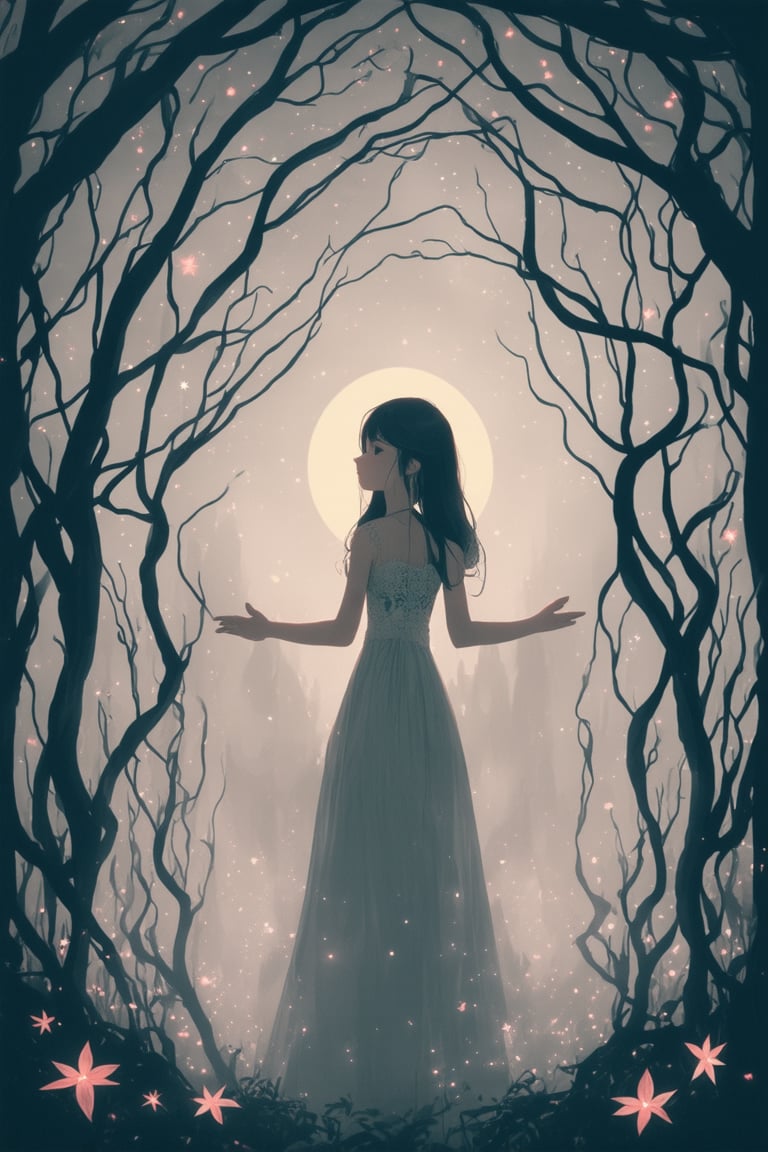 A mesmerizing anime-inspired scene unfolds: In a whimsical dreamscape, a delicate, lace-adorned dress billows behind a serene, ethereal girl. Her long, flowing hair resembles wispy clouds as she levitates amidst a tapestry of swirling, iridescent mist. Soft, pastel hues dance across the composition, illuminated by a crescent moon that casts an eerie glow, while intricate, glowing filaments weave through her fingers like tiny, celestial vines.