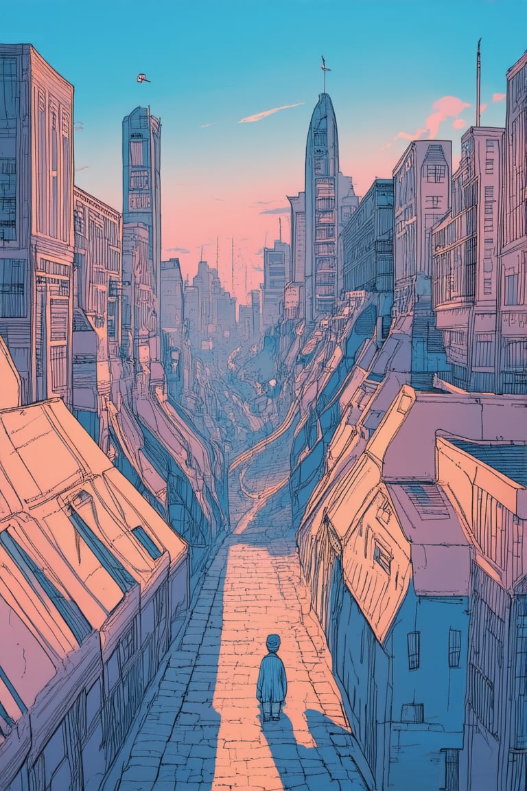 A whimsical illustration of a fantastical cityscape at dusk, with intricately designed buildings and winding streets stretching across a flat, 2D plane. Soft pastel hues illuminate the scene, with warm light casting long shadows and defining the architecture's textures. In the foreground, a curious character gazes up at the sky, lost in thought amidst the bustling metropolis.