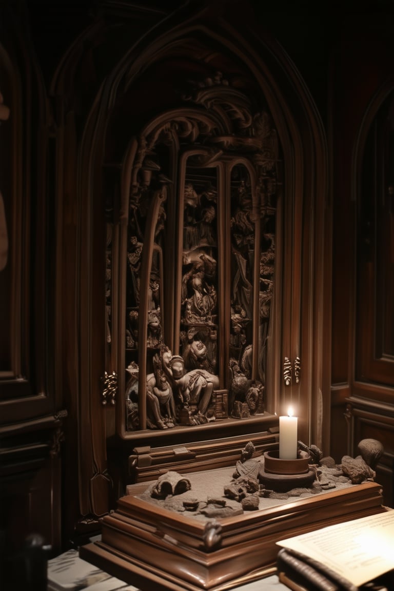 A mystical traditional museum setting: a dimly lit, ornate wooden gallery with intricate carvings and ancient artifacts on display. The air is thick with the scent of old parchment and mystique. A single, flickering candle casts an eerie glow on a pedestal, where a mysterious, glowing artifact seems to pulse with an otherworldly energy.