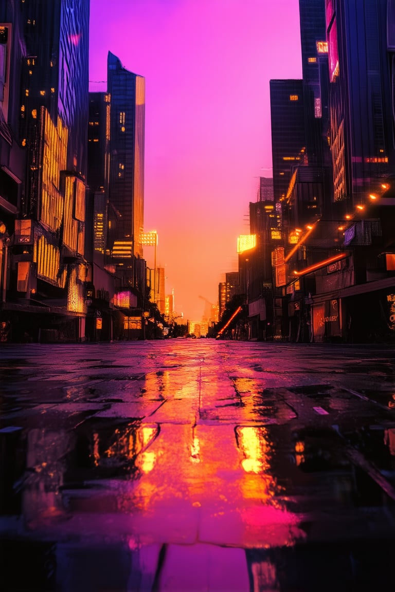 A surreal cityscape at dusk, bathed in a vibrant orange glow, as neon lights reflected off wet pavement create a mesmerizing dance of color and light. The camera's wide-angle lens captures the dynamic energy of the scene, with bold skyscrapers and bustling streets framed by a bright pinkish-purple sky.