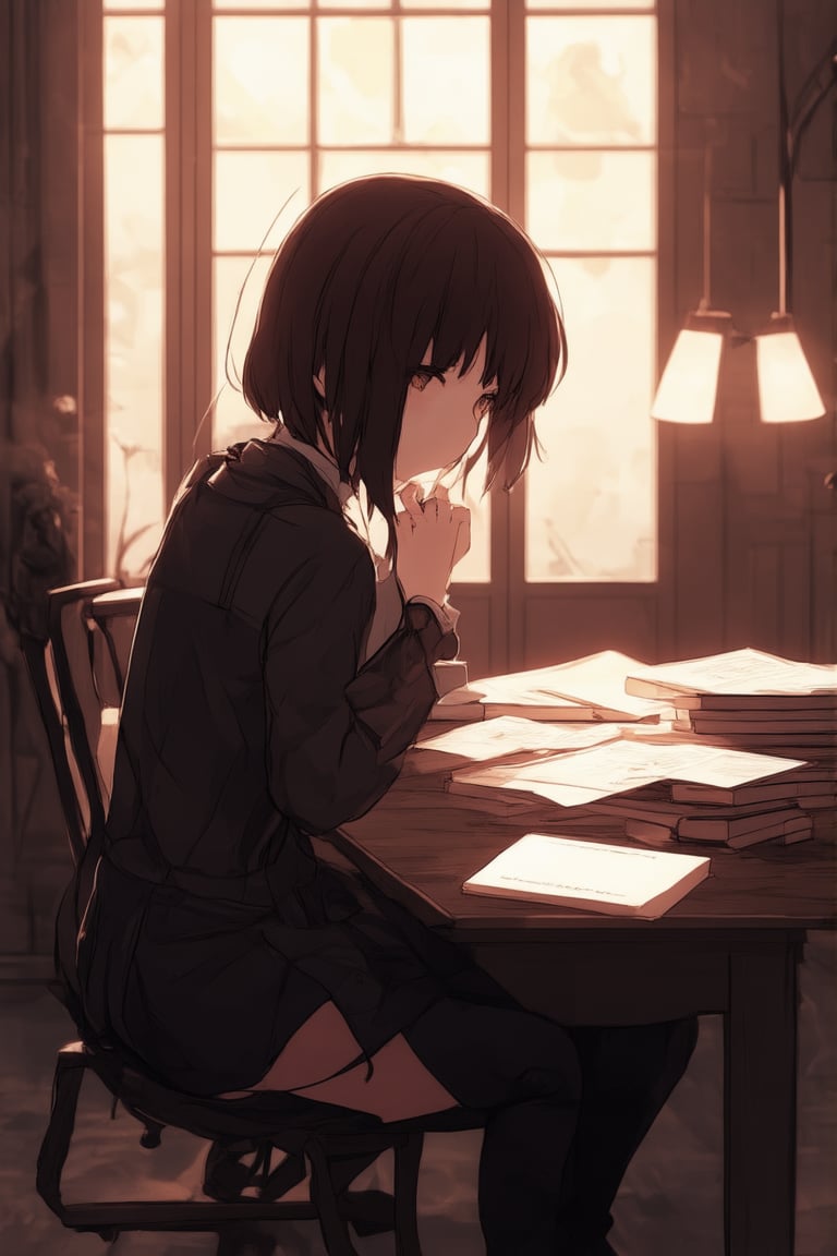 A striking portrait of Flat from Honkai Impact's character roster, Chara, with a calm and collected demeanor. In a soft-focused shot, Chara sits at the edge of a worn wooden desk, her gaze directed slightly off-camera as if lost in thought. Warm golden lighting illuminates her features, with subtle highlights on her hair and shoulders. The composition is centered around Chara's profile, with a blurred background featuring scattered papers and books.