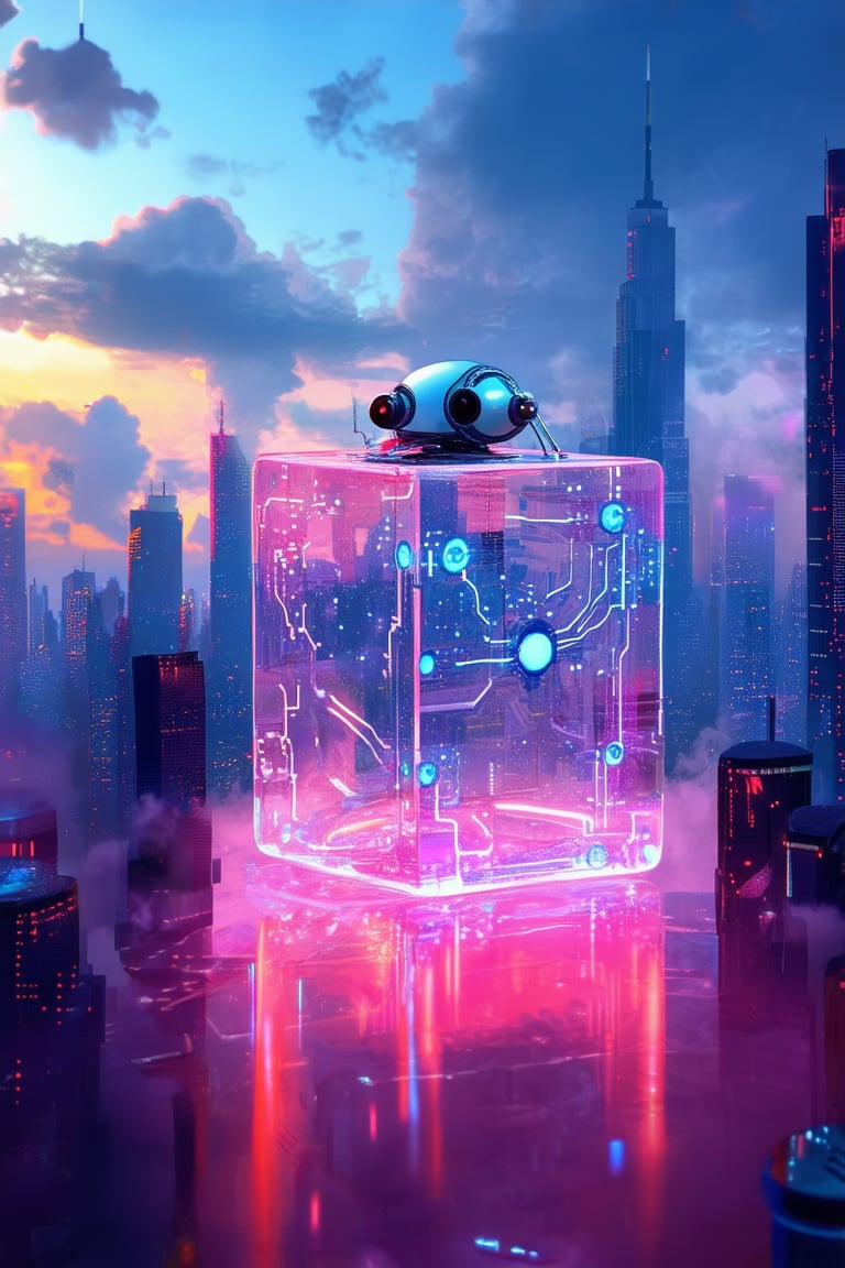 A vibrant, futuristic cityscape at dusk. A sleek, silver robot with glowing blue circuits stands atop a giant, transparent cube, surrounded by swirling clouds of purple and pink mist. The city's skyline is reflected in the cube's surface, with neon lights and towering skyscrapers shimmering like diamonds against the darkening sky.