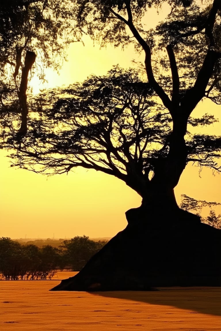 A majestic Mandana Koka tree stands tall against a warm golden sunset backdrop, its intricately carved branches stretching towards the sky like nature's own work of art. The soft, feathery leaves rustle gently in the evening breeze as the tree's gnarled trunk is bathed in a warm, inviting light.