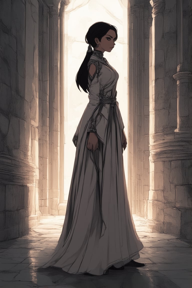 A portrait of Flat Honor Chara, a majestic character with an air of nobility. Capture her in a medium shot, with a subtle gradient of warm golden light illuminating her from the side, casting a sense of depth and dimensionality. Her expression is calm and collected, yet with a hint of determination in her eyes. She stands tall, dressed in a flowing white robe with intricate silver trim, against a simple yet elegant backdrop of soft gray stone walls.