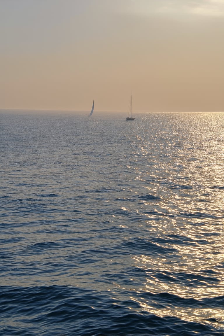 A serene seascape: a misty dawn breaks over the tranquil waves of DeepBlue, where iridescent mist swirls, veiling the horizon. The ethereal atmosphere is set by soft, golden light casting an otherworldly glow on the rippled water's surface. A lone sailboat drifts, its white sails billowing in the gentle breeze as it disappears into the shrouded distance.