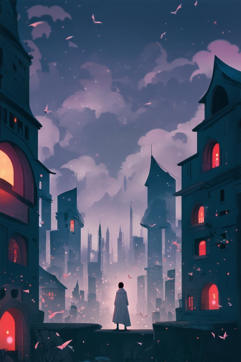 A dreamlike anime scene: A delicate, intricate maze of swirling clouds envelops a mystical cityscape at dusk, where buildings with glowing runes and ethereal lanterns pierce the sky. In the foreground, a lone figure in flowing white robes stands atop a wispy platform, surrounded by fluttering paper cranes, as vibrant pink and purple hues dance across the horizon.