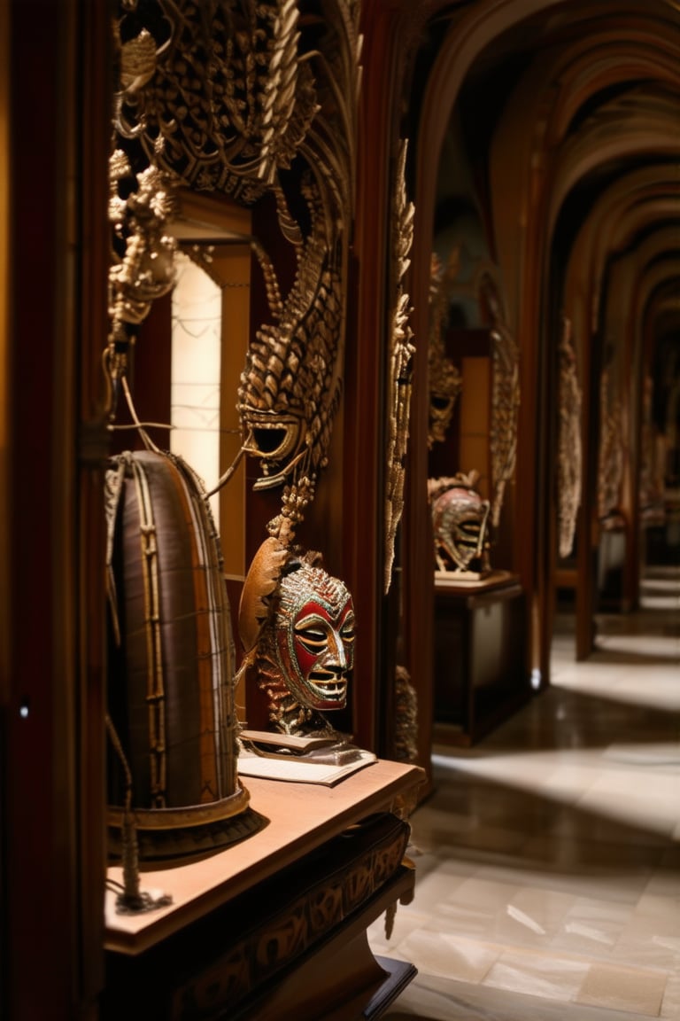 A dimly lit, ornate museum hallway with intricately carved wooden displays and ancient artifacts. Soft, golden lighting casts a warm glow on the mystical traditional relics, including vintage ceremonial masks, antique ritualistic drums, and mysterious, beaded headdresses. The air is thick with the scent of aged parchment and forgotten knowledge.