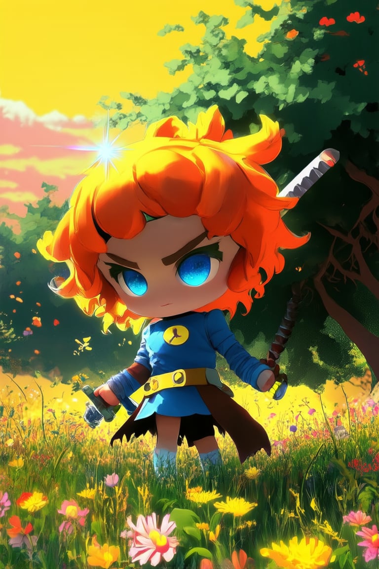 A whimsical chibi character poses in a sunny meadow, surrounded by blooming wildflowers and towering trees. The tiny hero's bright blue eyes sparkle with determination as they grasp a miniature sword, their curly orange hair fluttering in the gentle breeze. Framed against a warm yellow sky, the character's chunky features and vibrant costume create a playful, endearing scene.