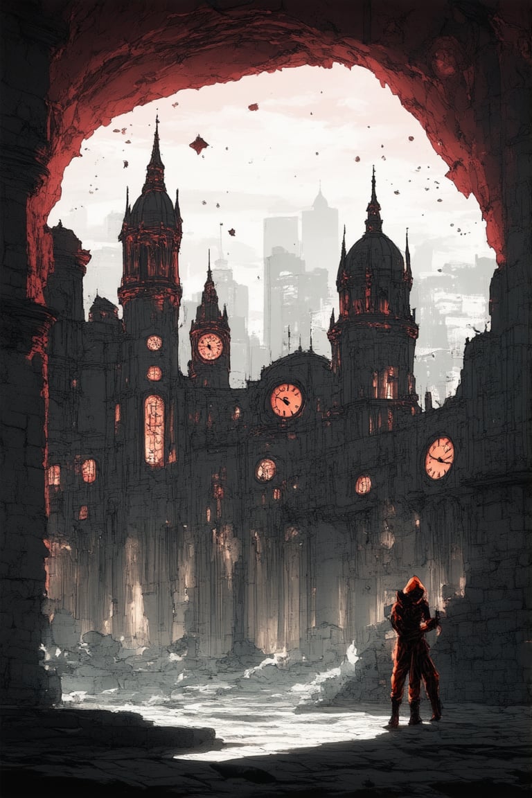 A dreamlike scene unfolds: a cityscape with melting clock towers, distorted by a swirling vortex of colors. A figure in a bright orange jumpsuit stands at the edge, arms outstretched as if embracing the chaos. The sky above is a deep crimson, with stars twinkling like diamonds scattered across the fabric. The air is thick with an eerie fog, shrouding the city's crumbling architecture.