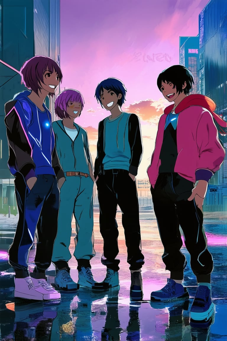 A futuristic cityscape at sunset, with neon lights reflecting off wet pavement. A group of friends, each with vibrant hair colors, stand out against the urban backdrop. They're dressed in stylish streetwear, blending anime aesthetics with modern fashion. The atmosphere is lively and carefree, as they laugh and chat, their dynamic poses and expressions capturing the essence of youthful energy.