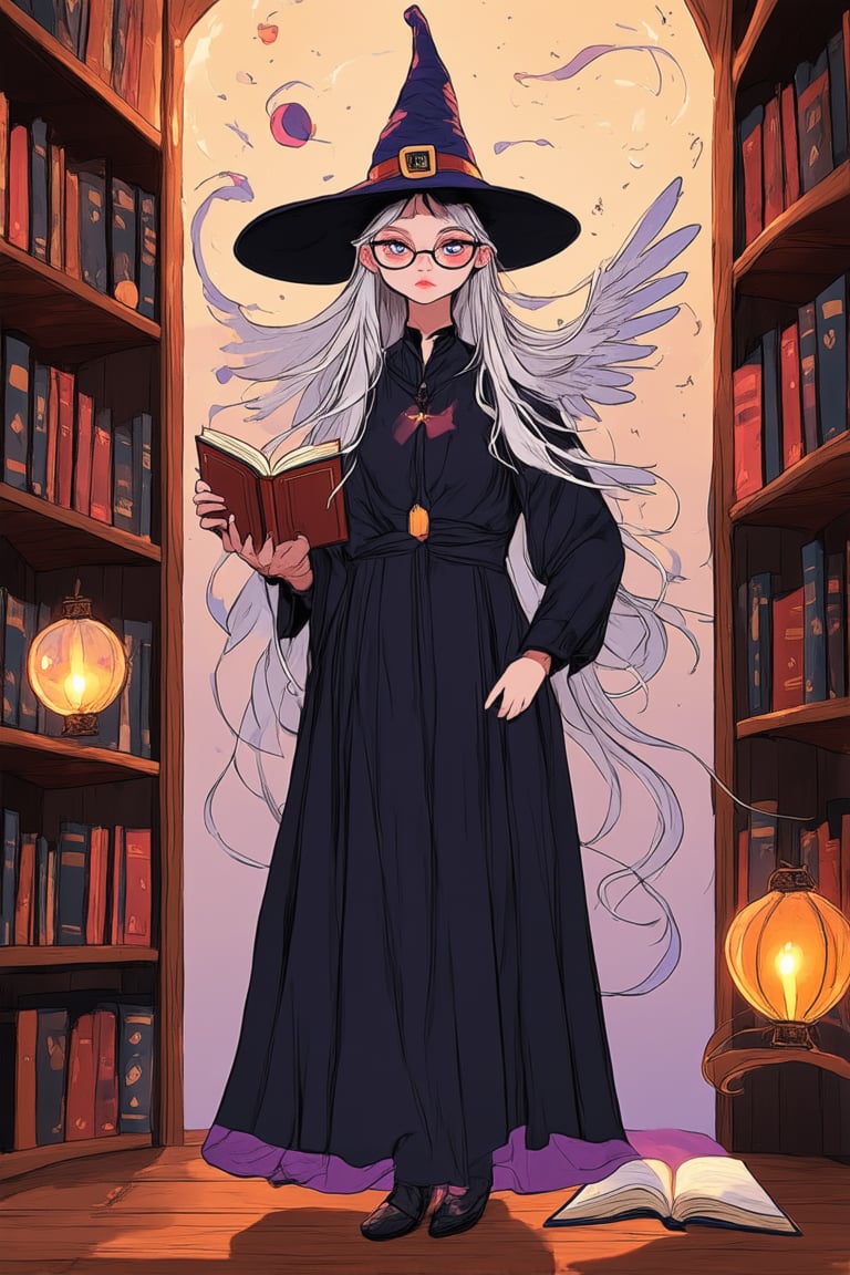 A whimsical flat art scene: A bespectacled witch stands proudly in a mystical library, surrounded by ancient tomes and glowing orbs. Her long hair flows like silver mist as she holds a leather-bound book aloft, the pages fluttering like wings. The warm golden light of lanterns casts a cozy glow on the wooden shelves, while the soft focus background blurs into a subtle gradient of blues and purples.