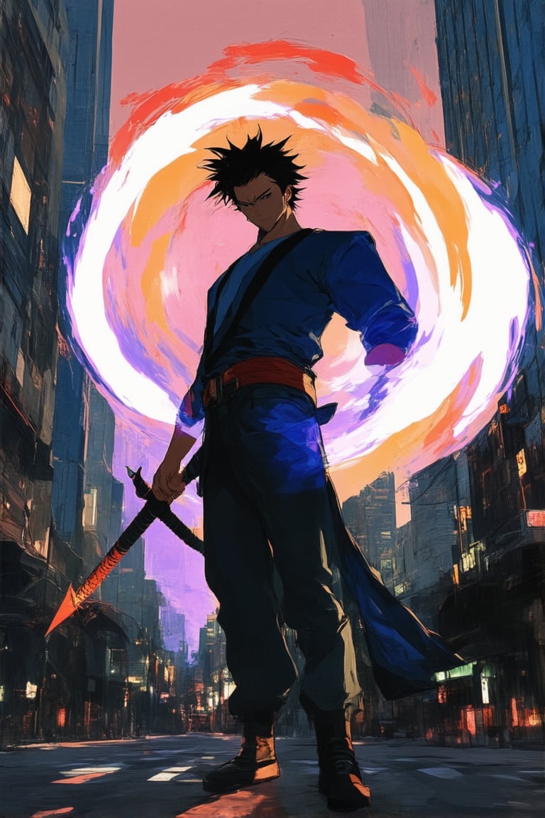 A vibrant, high-contrast scene depicting a fusion of traditional anime aesthetics with modern digital painting techniques. A dynamic pose, reminiscent of classic Shonen action shots, captures the protagonist standing confidently amidst a cityscape at sunset. Neon-lit skyscrapers and bustling streets provide a striking backdrop for the character's bold expression, as they wield an energy-infused sword in a swirling vortex of colors.