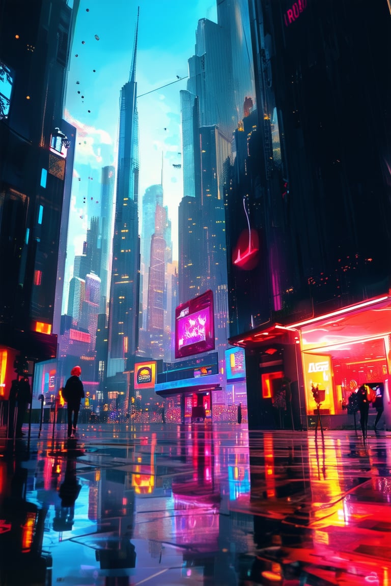 A futuristic cityscape at dusk, with sleek skyscrapers and neon lights reflecting off wet pavement. A random assortment of abstract shapes and vibrant colors dance across a giant screen at street level, mesmerizing passersby. The atmosphere is electric, with people from all walks of life paused in front of the display, their faces aglow with wonder.