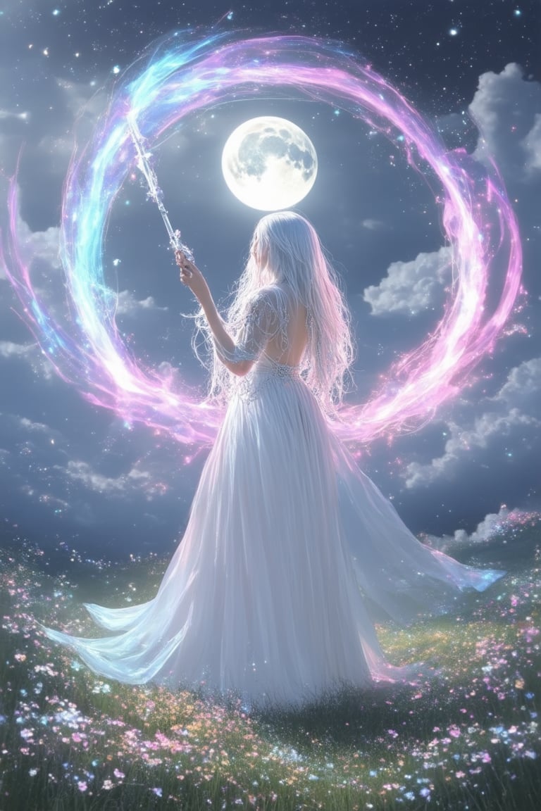 A whimsical fantasy scene: A mystical sorceress stands within a glowing circle of light, surrounded by swirling clouds of purple and blue mist. Her long, flowing silver hair cascades down her back as she holds aloft a shimmering crystal wand, its tip crackling with electric blue energy. The full moon casts an ethereal glow upon the scene, illuminating the lush greenery of the enchanted forest behind her.