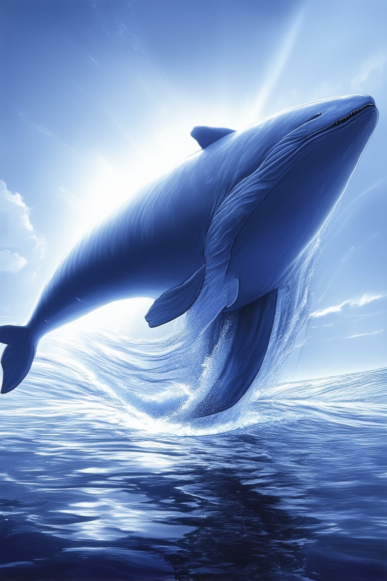 A majestic blue whale breaches the surface of a calm ocean, its massive body undulating as it rises into the air. The sunlight filters through the water, casting an ethereal glow on the whale's back, while the surrounding sea stretches out in a seemingly endless expanse of deep blue.