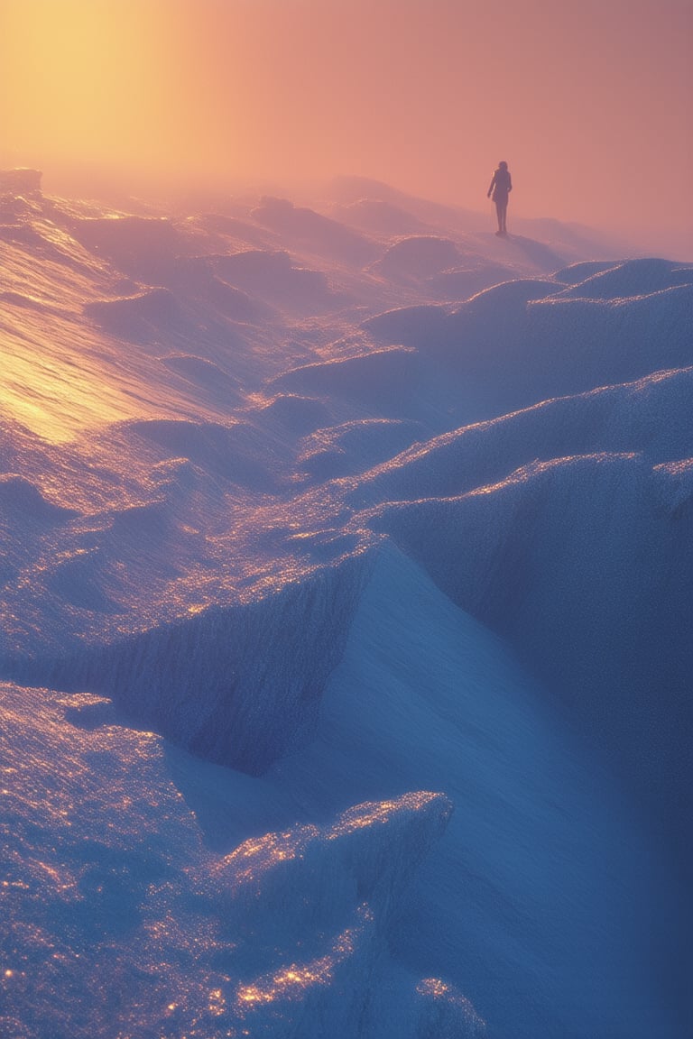 A surreal landscape unfolds as a gradient world materializes before our eyes. A warm, golden light illuminates the scene, casting long shadows across the undulating terrain. The air is filled with swirling, iridescent mist that shifts and changes color in harmony with the ever-changing hues of the ground. In the distance, a lone figure stands at the edge of the gradient world, gazing out upon the kaleidoscope landscape.