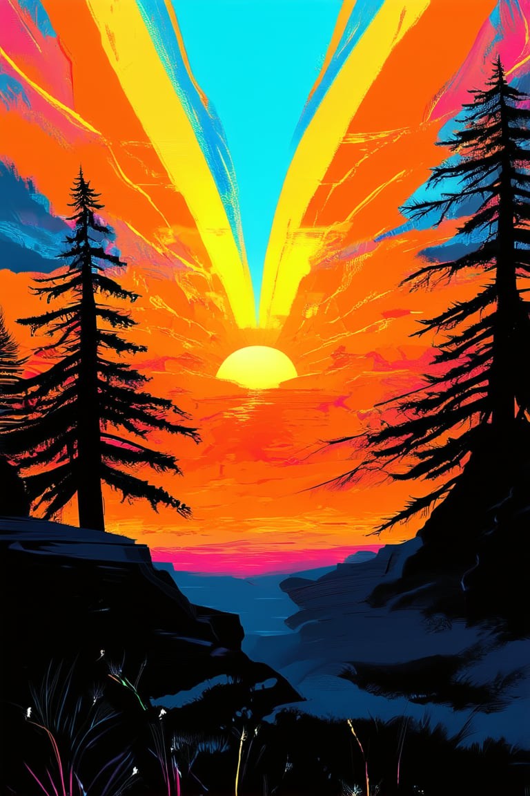 Vibrant sunset landscape: A blazing orange horizon stretches across a canvas of cerulean blue sky, as intense hues of yellow and pink dance along the rugged terrain. Silhouetted trees stand tall against the fiery backdrop, their dark outlines accentuating the kaleidoscope of colors in this extreme hue landscape.