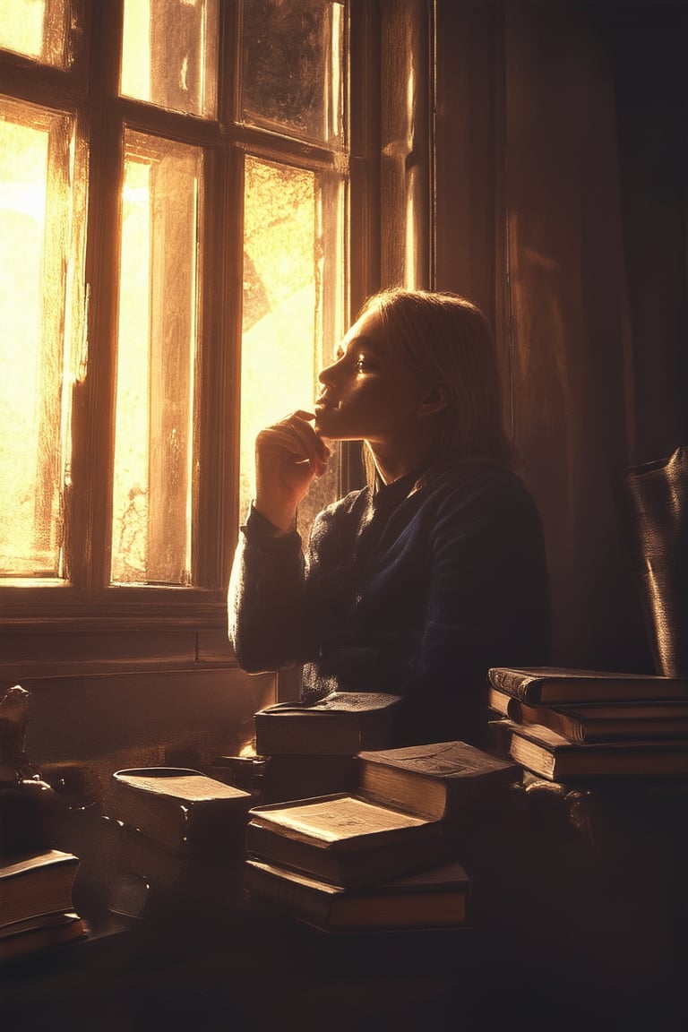 A nostalgic portrait: a warm, soft-focus image of an individual lost in thought, surrounded by vintage trinkets and worn leather-bound books. Golden light pours through a distressed wooden window frame, casting a gentle glow on the subject's contemplative face. A hint of nostalgia clings to the atmosphere, evoking memories of a bygone era.