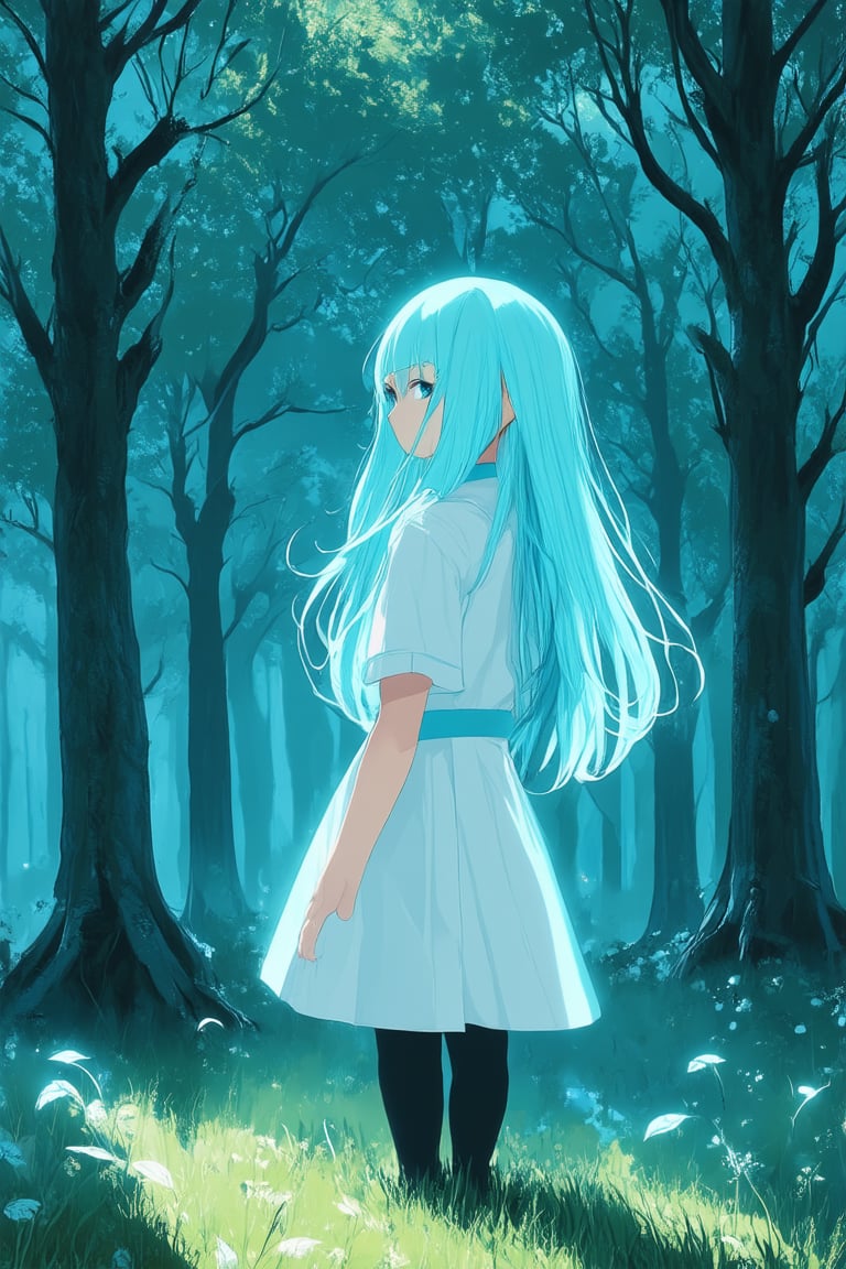 A serene blue hue dominates the frame as a youthful anime protagonist stands confidently in a tranquil forest clearing, surrounded by towering trees and wispy mist. Softly glowing sunlight filters through the leaves, casting a warm glow on her bright blue hair, which flows gently down her back.