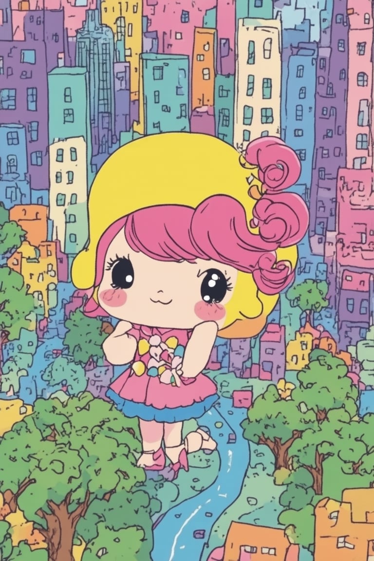 A vibrant chibi scene: a whimsical, cartoonish depiction of everything in a miniature world! A tiny, endearing Evey, no bigger than a thumb, stands proudly amidst a sprawling metropolis. The cityscape's bright colors and wavy lines evoke a sense of childlike wonder. Evey herself wears a cheerful grin, her bright pink hair styled in bouncy curls. In the background, buildings and trees shrink down to match her size, creating a fantastical miniature world.