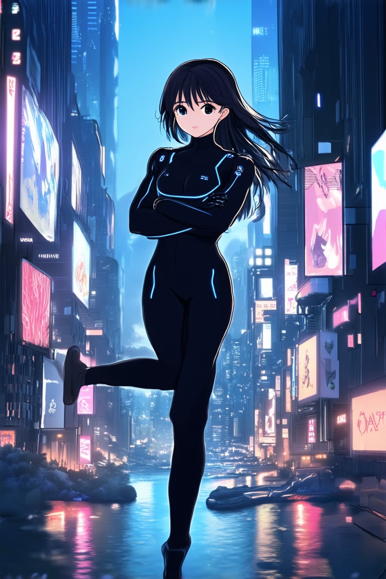 Girl in futuristic cityscape: a teenage anime-inspired girl stands confidently with one leg bent and arms crossed, surrounded by neon-lit skyscrapers and holographic advertisements. She wears a sleek black jumpsuit with glowing blue accents, her long hair flowing behind her like a river of night. The city's vibrant energy pulses through the air.